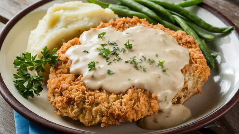 country fried steak and gravy with sides