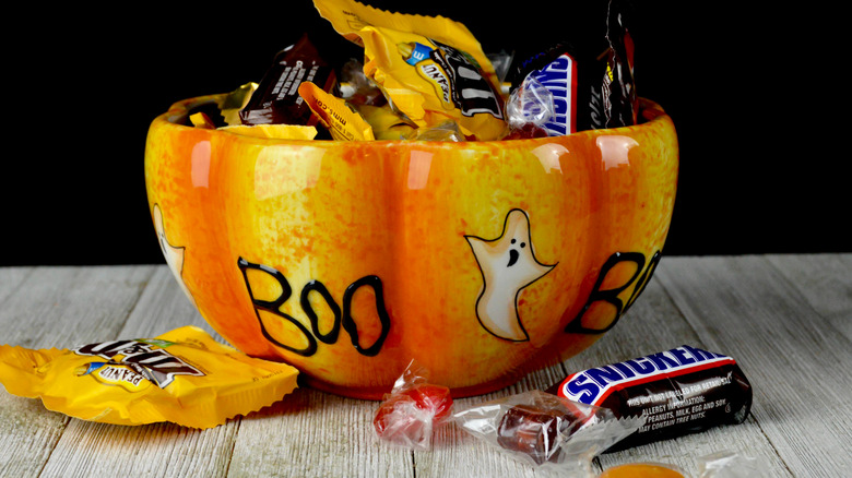 M&Ms in a Halloween candy bowl