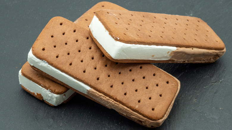 Three ice cream sandwiches in a pile