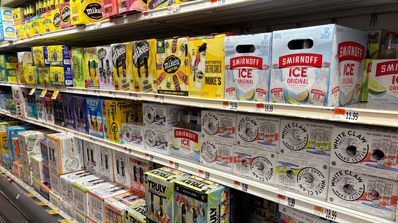 Boxes of hard seltzers in fridge
