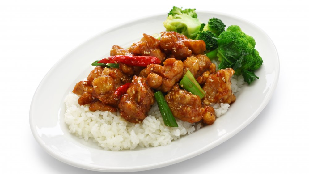 General Tso's chicken as a topping for rice