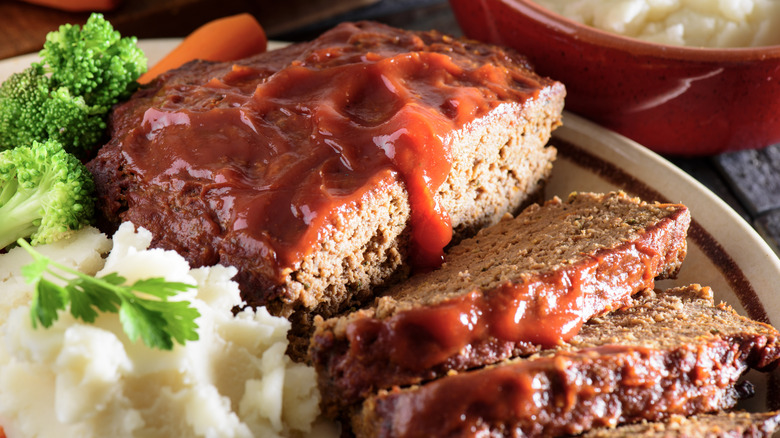 homemade meatloaf with mashed potatoes and broccoli