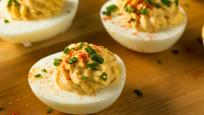 Deviled eggs with chives and paprika 