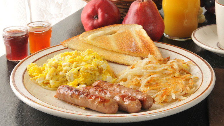 Breakfast food and drinks on plate