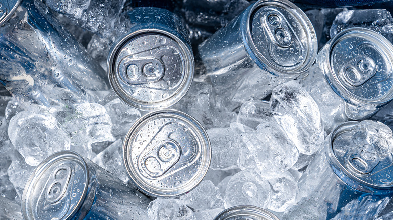 Close up of cans and ice cubes in a cooler
