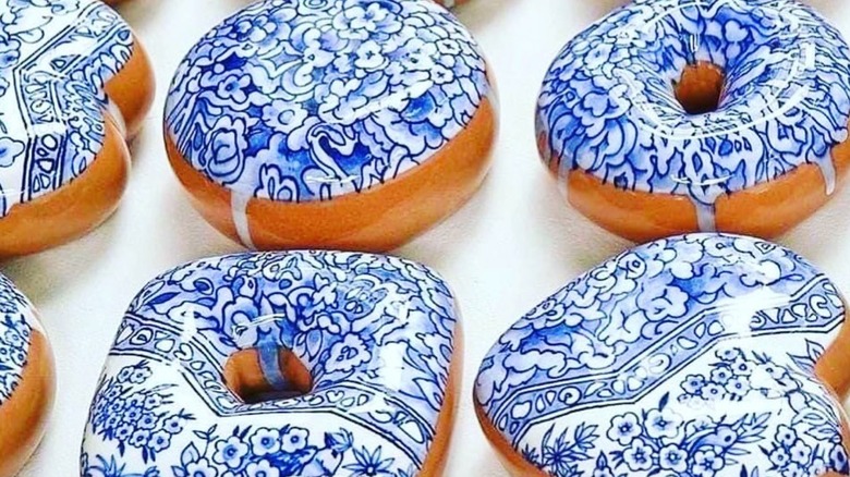 Blue and white tile decorated donuts