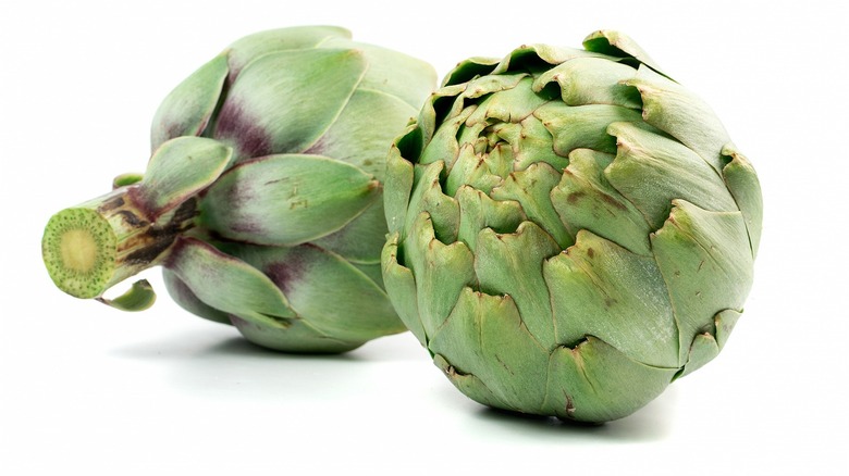 two raw globe artichokes