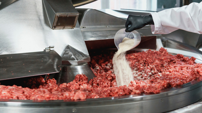 Pouring powdery substance into industrial meat grinder