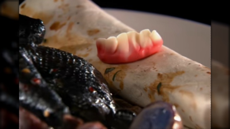 Gummy teeth on a tortilla