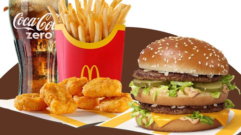 A Big Mac, Chicken McNuggets, french fries and a Coke from McDonald's.