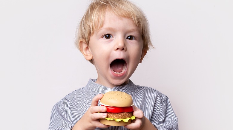 Boy with toy hamburger