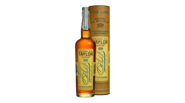 Bottle of Colonel E.H. Taylor Old Fashioned Sour Mash Bourbon next to its packaging