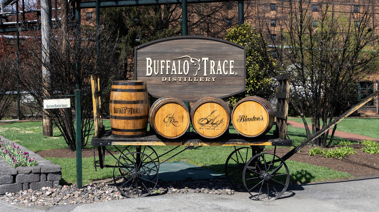 Buffalo Trace Distillery entrance sign with bourbon barrels
