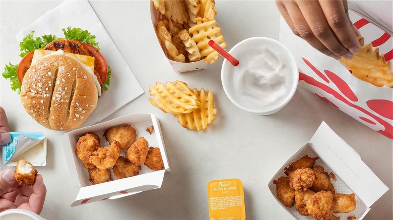 Chick-fil-A sandwich, fries, nuggets, and shake