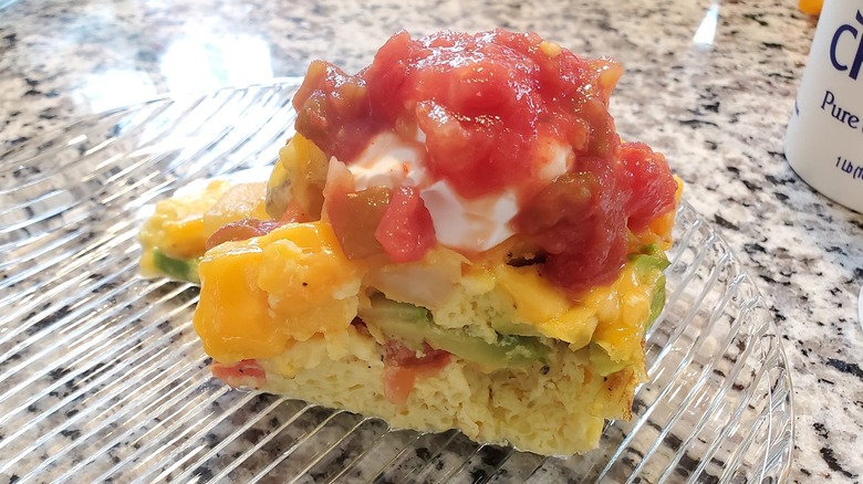piece of California breakfast casserole with salsa