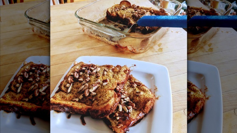 slices of orange pecan french toast with the rest of the casserole dish in the background
