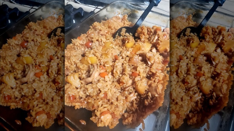 Aloha chicken casserole with a spoon