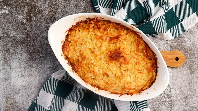 egg noodle casserole in a white dish