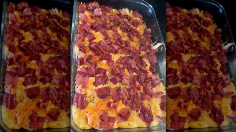 angled shot of a Kentucky hot brown casserole in a glass dish