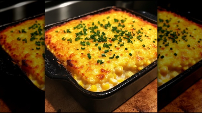Cheesy corn bake in a black dish