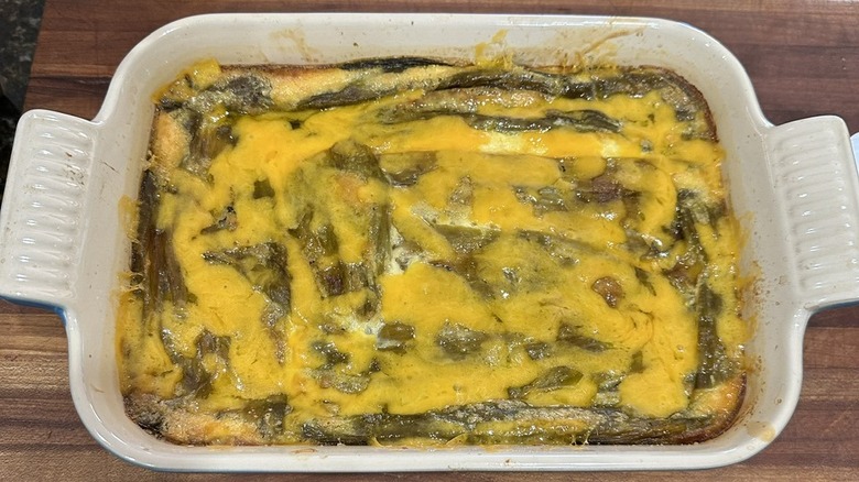 aerial shot of hatch chile breakfast casserole in a white baking dish