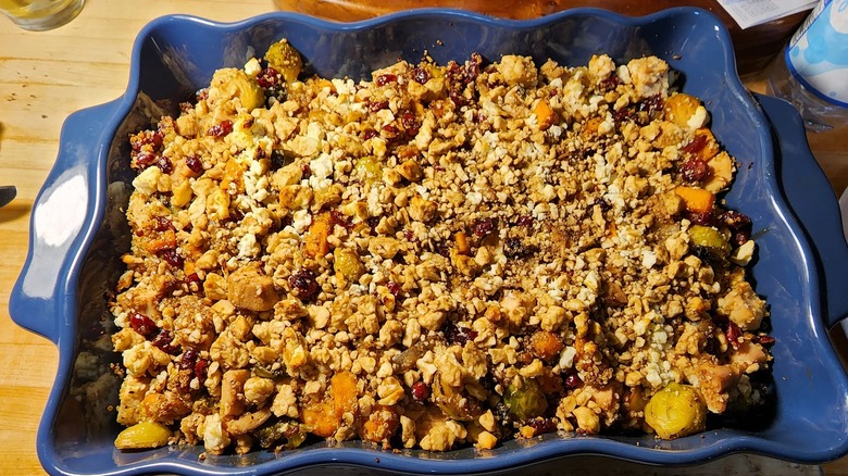 harvest hazelnut casserole in a wavy blue baking dish