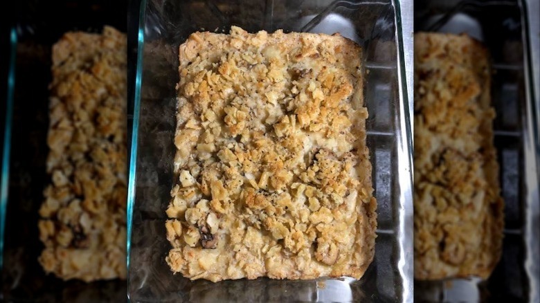 aerial view of oyster casserole in a glass dish