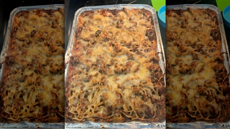 barbecue spaghetti casserole in a tin baking dish