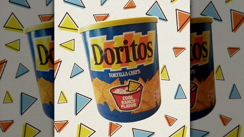 Container of Cool Ranch Doritos with a funky triangle background