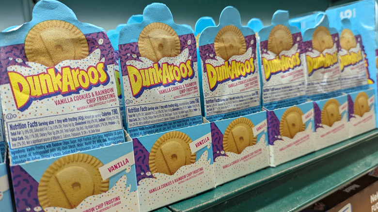 Store shelf with Dunkaroos vanilla cookies and rainbow chip frosting