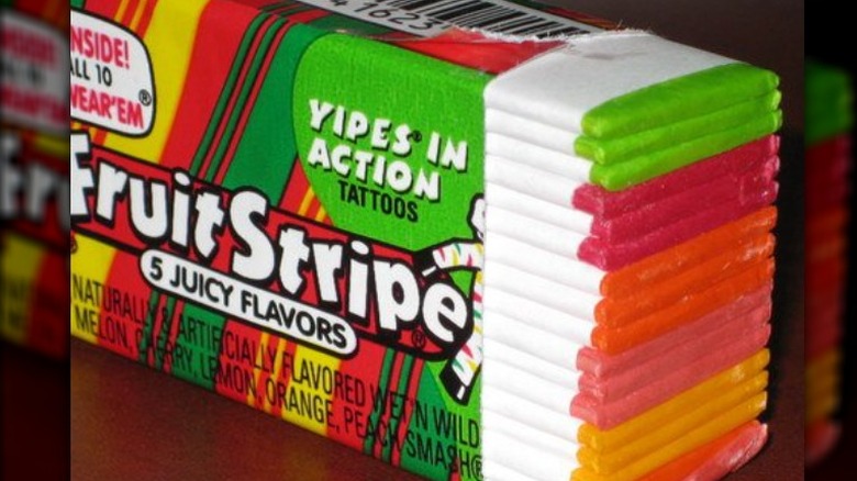 Close-up of a pack of Fruit Stripe gum 