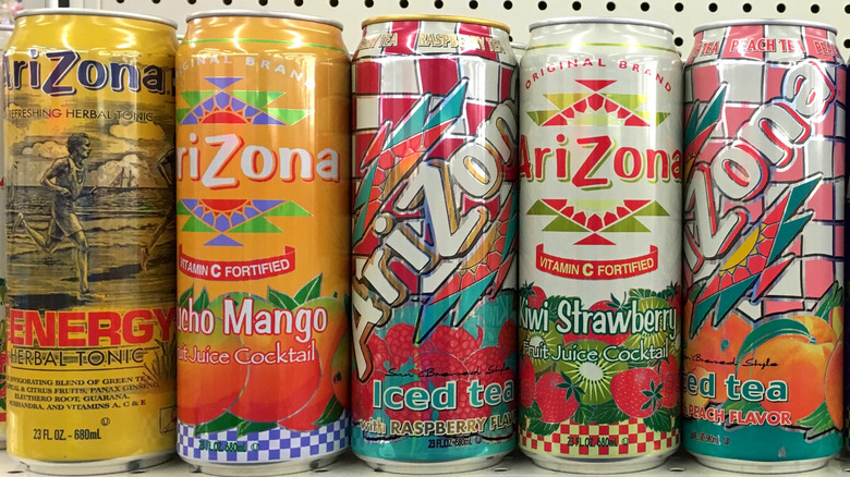 Row of AriZona iced tea canned products