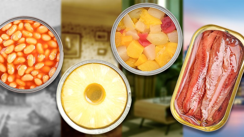 Composite image of vintage canned foods from each decade