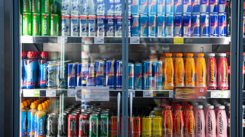 Energy drinks in a store fridge