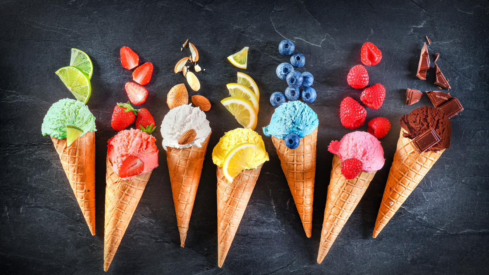 Ice Cream In A Series Of Cones With Different Flavors Background