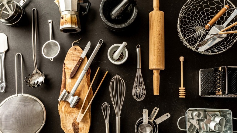 various kitchen tools spread out