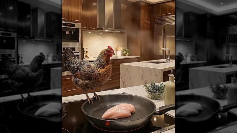 Screenshot of an AI generated video showing a chicken standing over a chicken breast cooking in a pan
