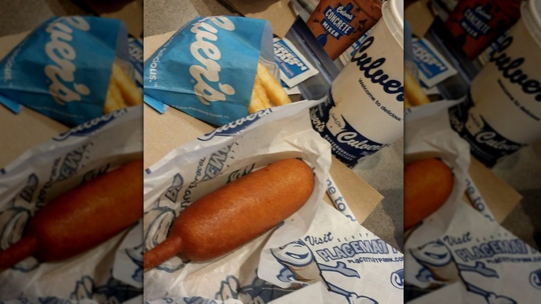 Culver's Corn Dogs with a side of fries and a soft drink