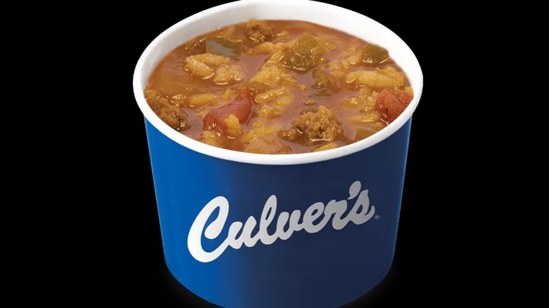 Culver's Stuffed Green Pepper Soup in a to-go cup