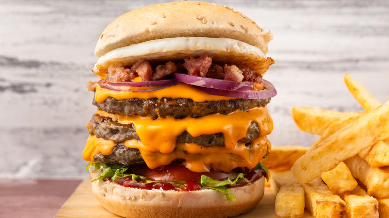 triple cheeseburger and fries