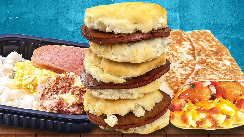 pile of fast-food breakfasts