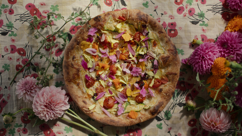Pizza covered in wildflowers 