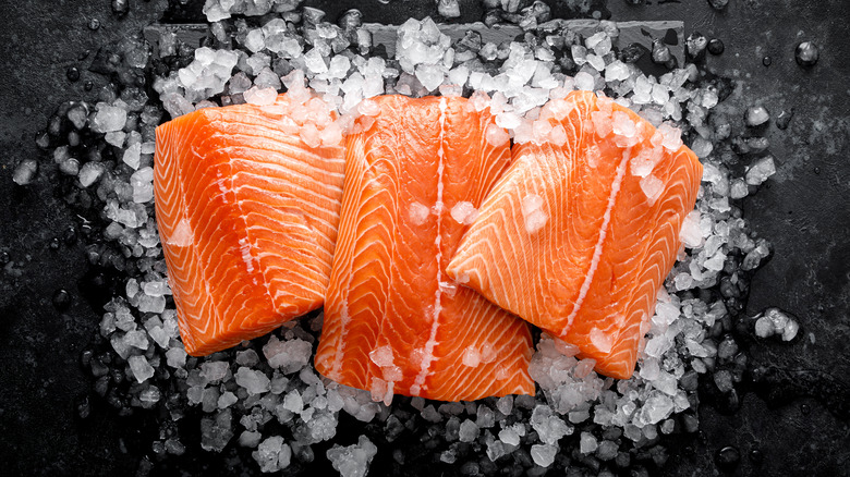 Raw salmon on ice