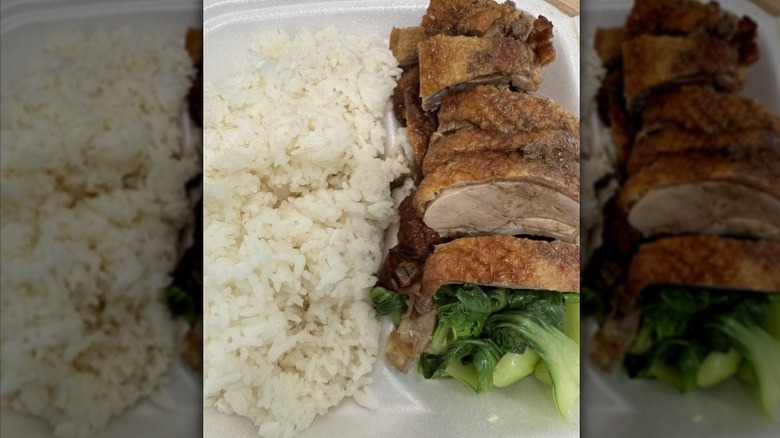 Rice with roast duck in a to-go container