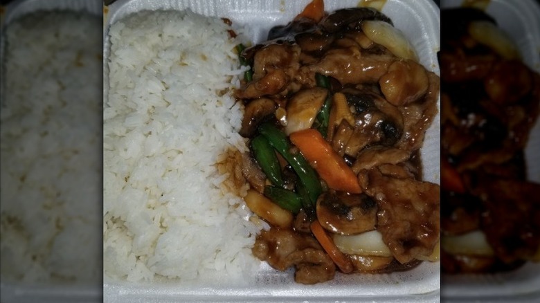 Beef Mushroom and Veggies with White Rice in a to-go container