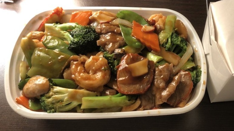Chinese vegetable medley in a to-go container