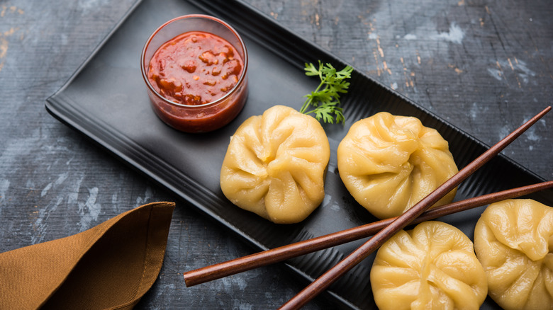 Nepali momo dumplings with achar