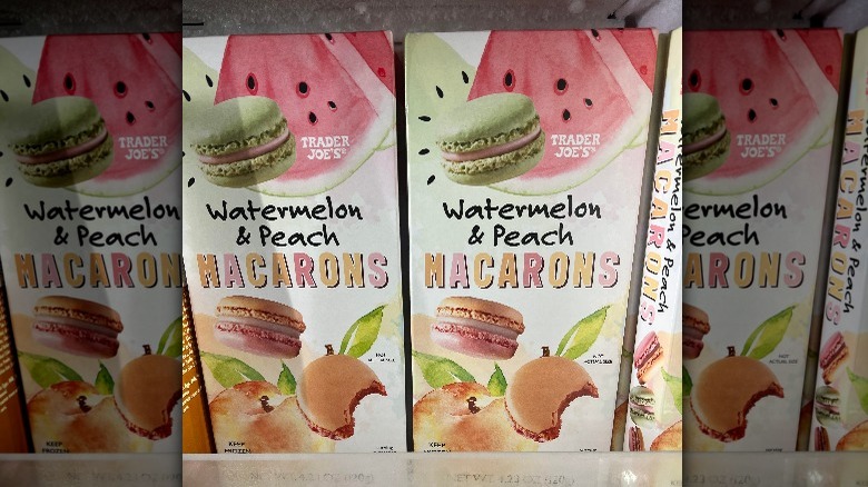 boxes of peach and watermelon macarons from trader joe's