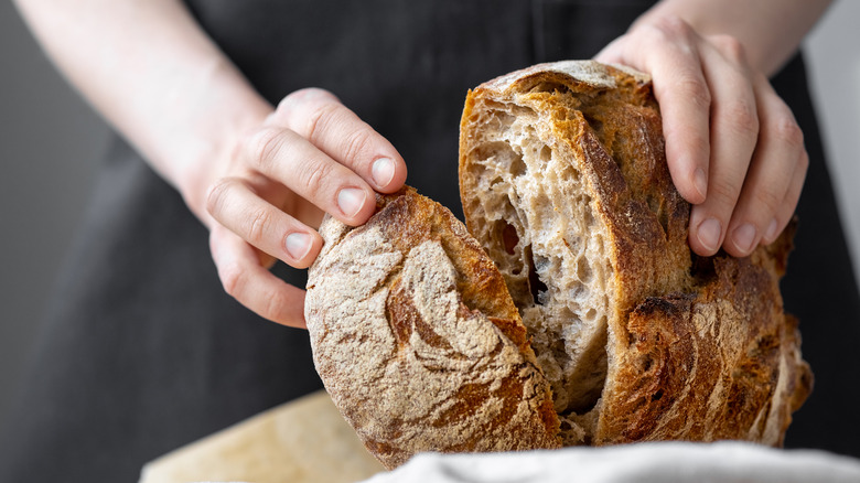 Homemade sourdough bread sliced open