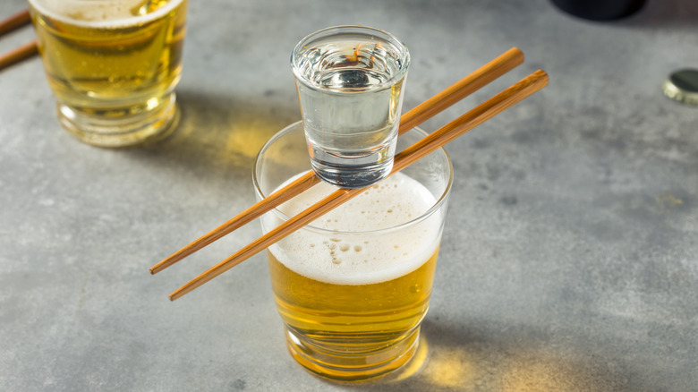 Shot of sake on top of beer
